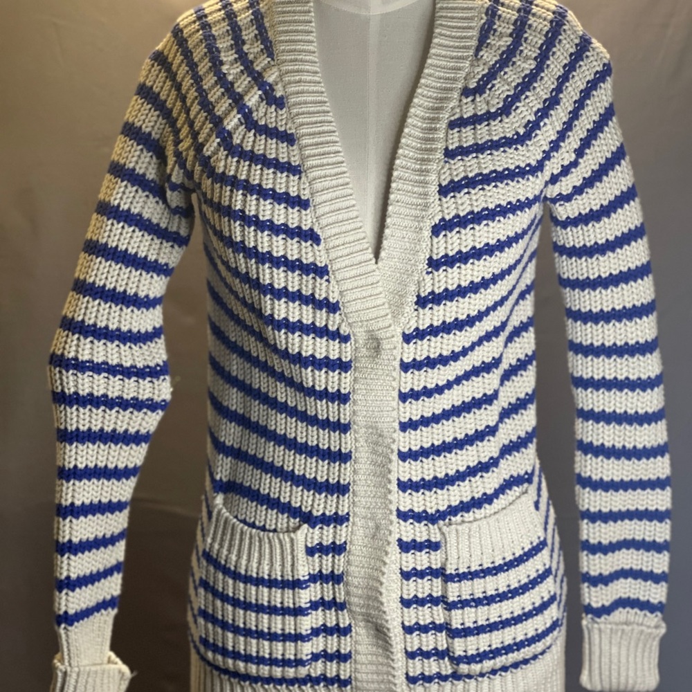 J.CREW Ripplestitch Striped Blue Cream Chunky Cotton Sweater Cardigan Size S